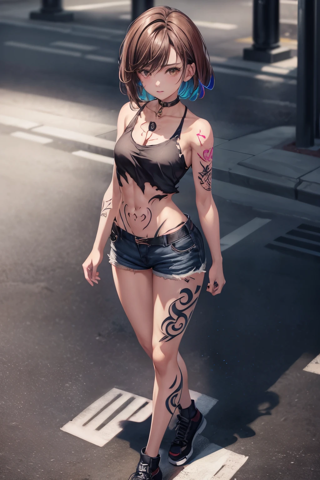 ((medium breast, tomboy girls, small head)),  (chiseled abs : 1.1), (perfect body : 1.1), (short wavy hair : 1.2) , auburn hair, collar, chain, full body shot, crowded street, wearing black tanktop, jeans jacket, (torn clothes:1.3)((shorts)), (extremely detailed CG 8k wallpaper), (an extremely delicate and beautiful), (masterpiece), (best quality:1.0), (ultra highres:1.0),  beautiful lighting ,perfect lightning, realistic shadows, [highres], detailed skin, ultra-detailed (((colorful))),(tattoo all:1.5),