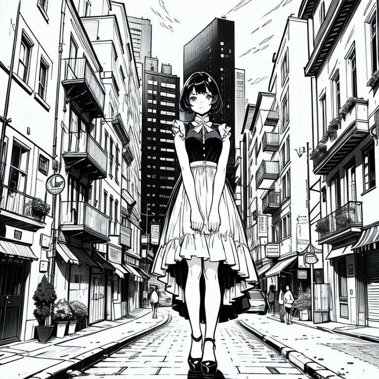 masterpiece, best quality, A girl in a city, foreground Line art, Monochrome