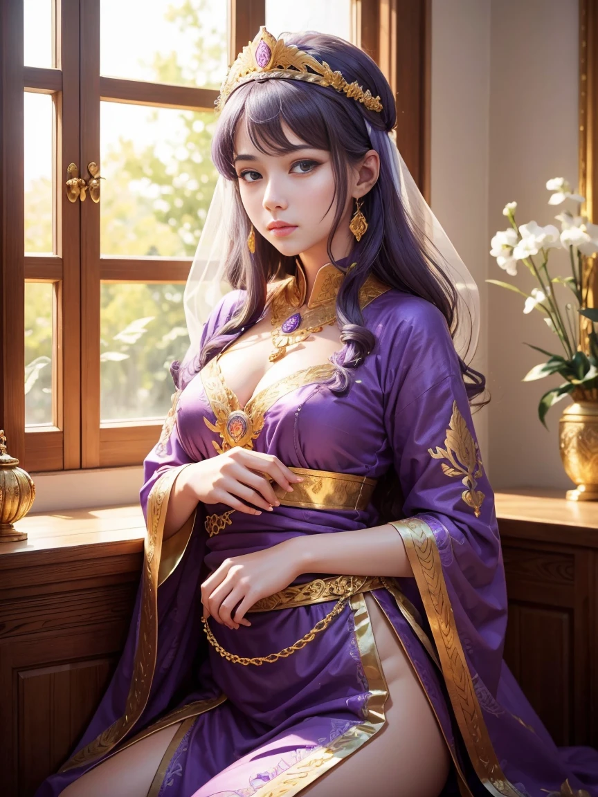 Roman Emperor Constantine the Great。He wears an imperial purple tunic.。He wears on his head a diadema decorated with gold and jewels.。Working at the palace。serious facial expression。looking through the scrolls。early morning。Refreshing and bright room。Luxurious interior。The morning sun shines into the room through the large windows.。masterpiece。ultra-quality。super glow。Detailed and delicate illustrations。digitalart。