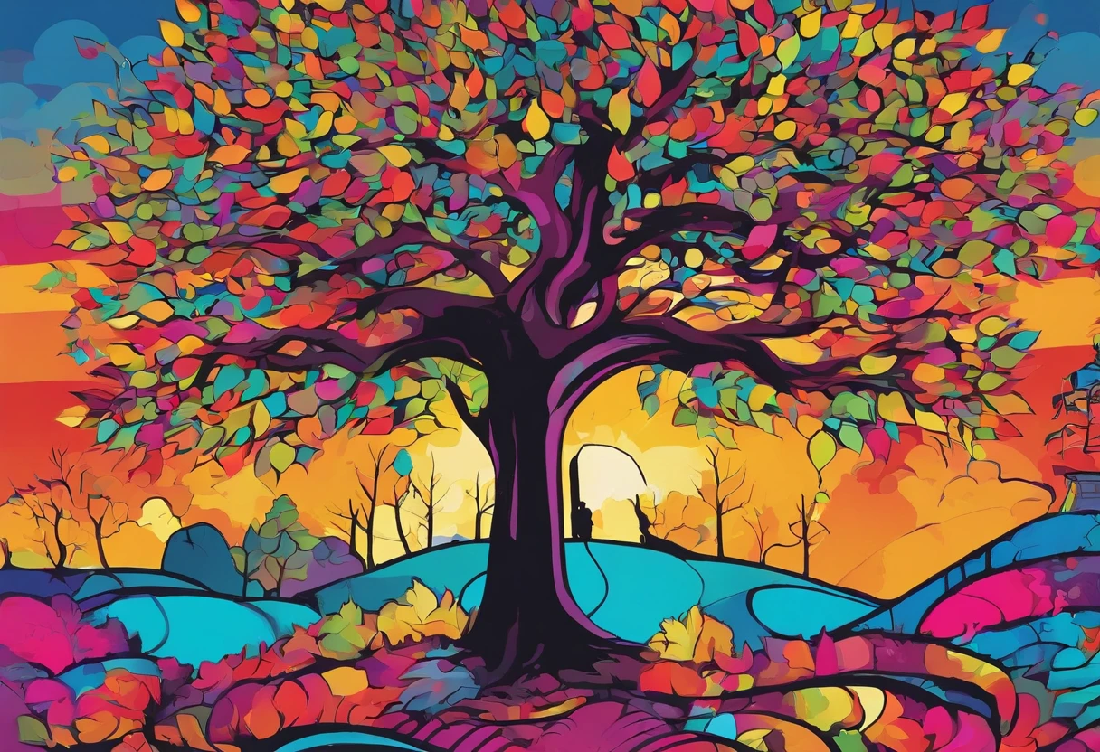 "tree with bright iridescent leaves, Casting its majestic shadow over an enchanting fantasy village."Fantastical、In a dream、PILLOWS、Sleep Wine、