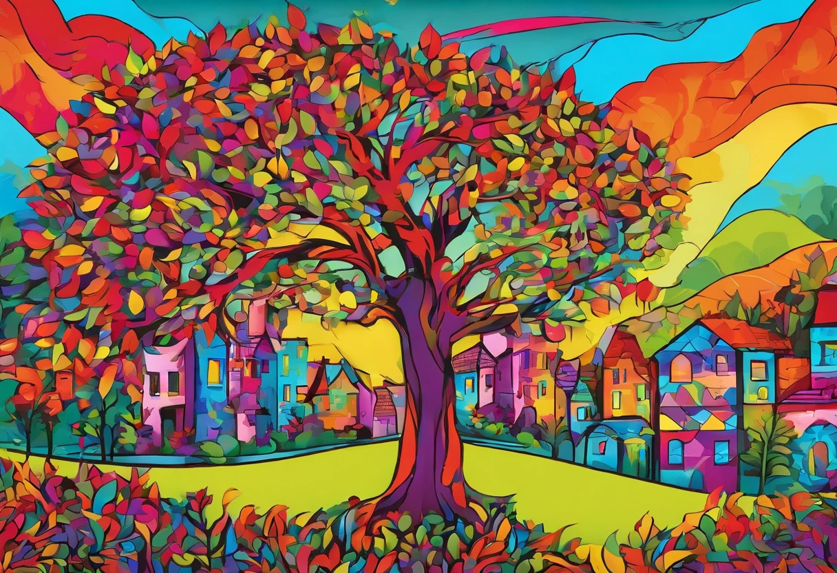 "tree with bright iridescent leaves, Casting its majestic shadow over an enchanting fantasy village."Fantastical、In a dream、PILLOWS、Sleep Wine、