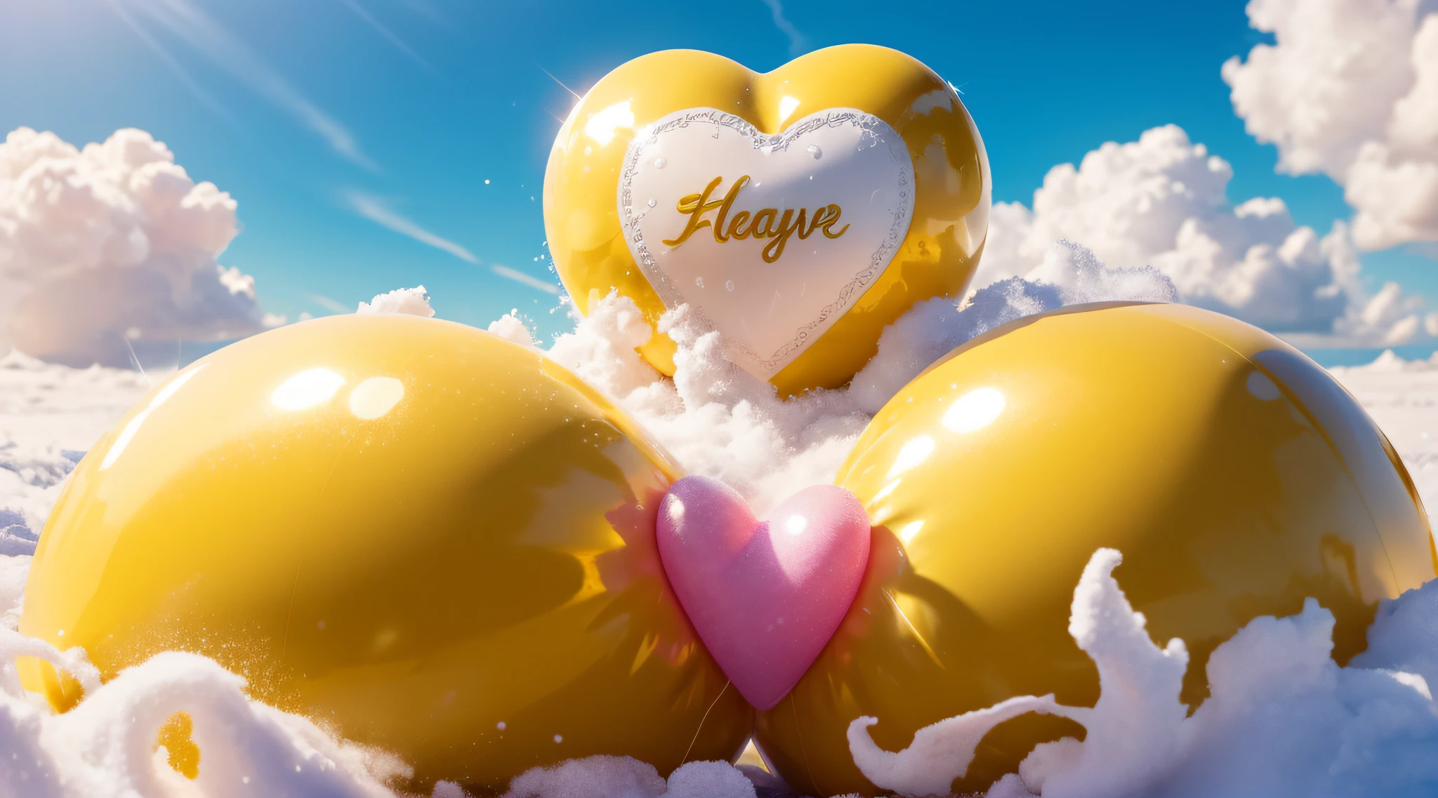 a big fluffy yellow heart in clouds,with a golden border on the edges with colored feathers,nasty from the inside,bubbles,and rubber pink balls,covered with ice,bubbles,bright rays shine,lightning,clear detail,8k