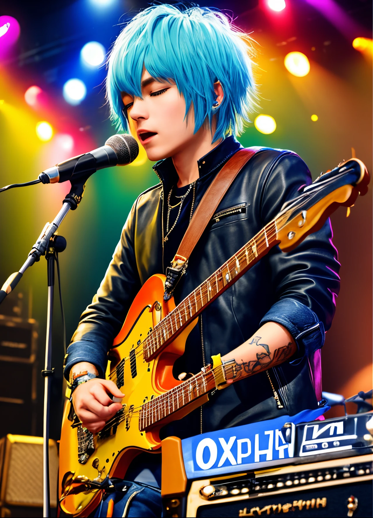 band、ska、wind instrument、studio live、Mod、Vespa、Leather Jean、Mod Court、London Punk、reallistic、Top image quality、super precision、8K、Live House Background、TOKYOcty、jpn、Fancy hair color、Scene during performance、A lively stage、perfect  detail、graphic design、Distinctive features、