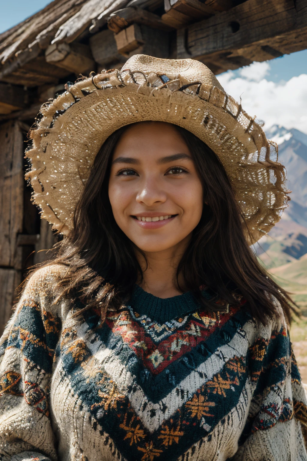 8k, highest quality, ultra details, South American indigenous woman, high-altitude mountain landscape, poncho and wide-brimmed hat, warm and welcoming smile, resilience and wisdom embedded in her features
