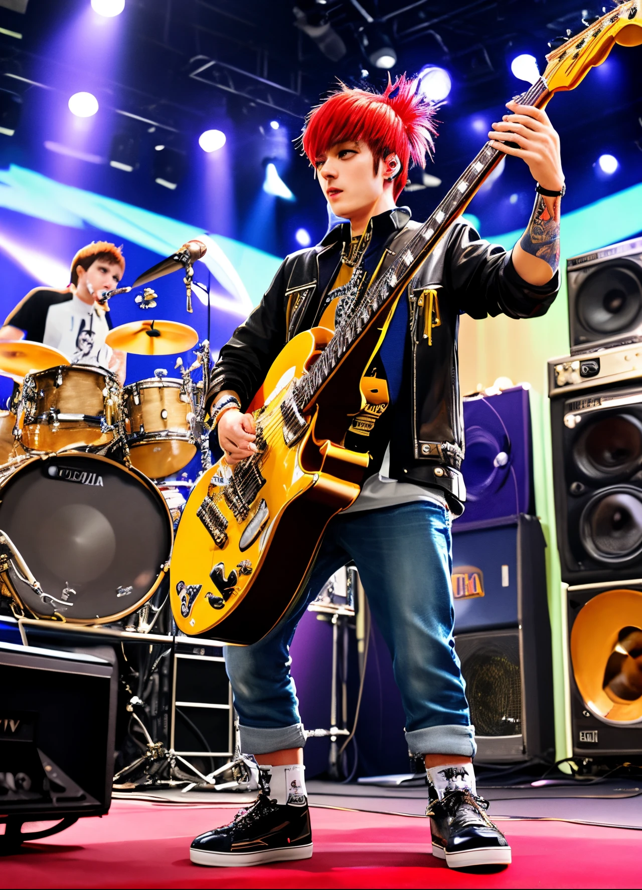 band、ska、wind instrument、studio live、Mod、Vespa、Leather Jean、Mod Court、London Punk、reallistic、Top image quality、super precision、8K、Live House Background、TOKYOcty、jpn、Fancy hair color、Scene during performance、A lively stage、perfect detail、graphic design、Distinctive features、