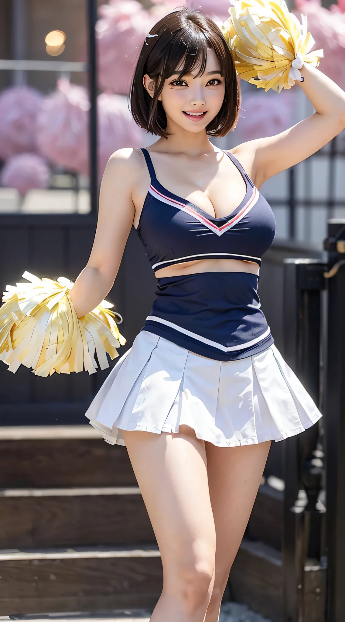 A beautiful woman who submits to me and squats in front of me, shows me cleavage, ((((in cheerleading clothes))), tremendous big, areola visible, ((((You can also see panties in the skirt)))) (((quite tall))