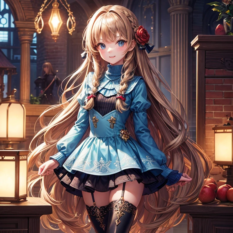 illusion effect,magic effect, ultra detailed red brick store,dim light night view,ultra detailed illumination,master piece , Best Quality,Wallpaper 8k CG, hyper quality, The best ,1girl in,Solo,Seductive smile,(sweater light blue),(Peplum jacket),(braided boots),intricate detailes, Fantasy, An ultra-fine illustrations, Whole body, Girls Front, Close-up focus, Petite, Young girls, Detailed long hair, hair with flower, Air bangs, Beautiful and detailed rune tails, Hair intake, light brown hair, beautiful detailed hair, Beautiful face, normal hands, flat chest, zettai ryouiki, fruit, knee boots,