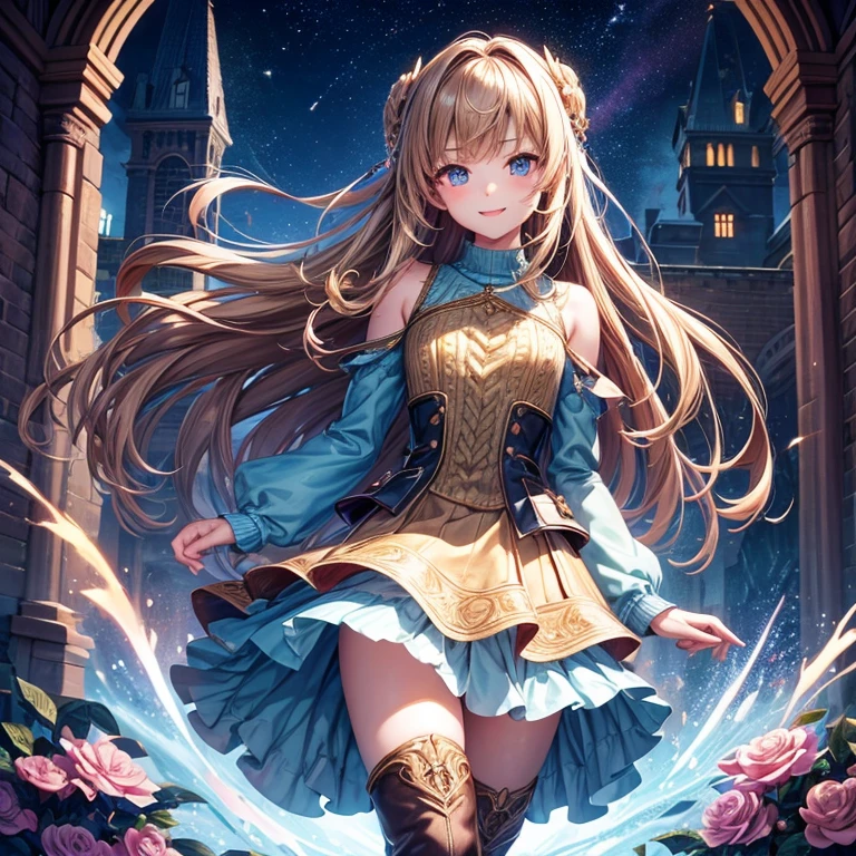 illusion effect,magic effect, ultra detailed red brick store,dim light night view,ultra detailed illumination,master piece , Best Quality,Wallpaper 8k CG, hyper quality, The best ,1girl in,Solo,Seductive smile,(sweater light blue),(Peplum jacket),(braided boots),intricate detailes, Fantasy, An ultra-fine illustrations, Whole body, Girls Front, Close-up focus, Petite, Young girls, Detailed long hair, hair with flower, Air bangs, Beautiful and detailed rune tails, Hair intake, light brown hair, beautiful detailed hair, Beautiful face, normal hands, flat chest, zettai ryouiki, fruit, knee boots,
