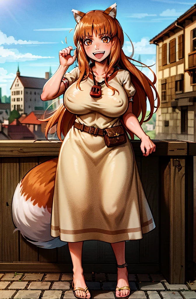 (holo:1.5), (holoBrownDress:1.5), masterpiece, best quality, absurdres, 1girl, looking at viewer, standing, cowboy shot, outdoors, medieval, cobblestone street, town, pouch, sash, smile, fruit, apple, basket,huge breast, curvy, silver hair, white hair, full body, flipflops,, smiling open mouth, fengs, teeth