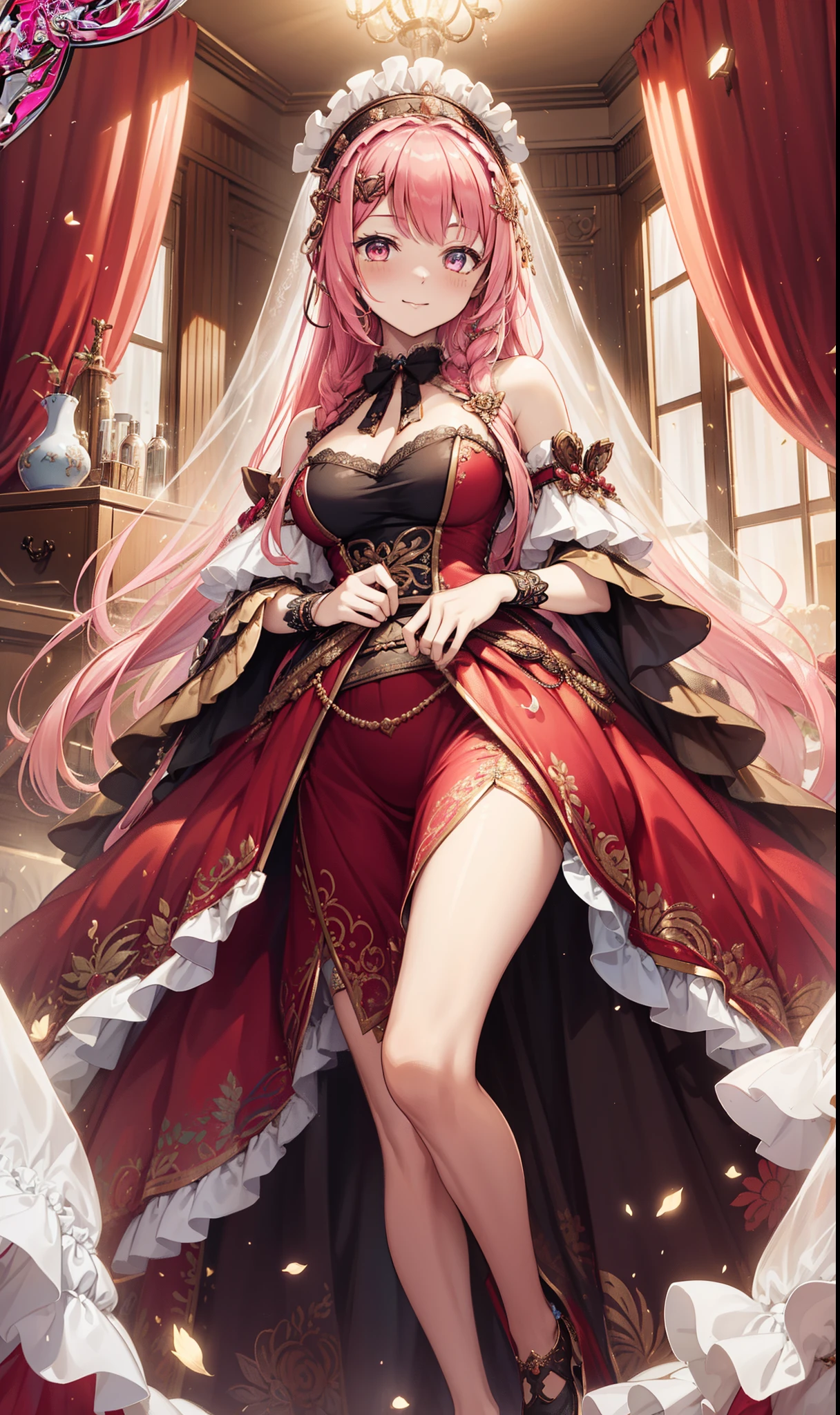 teens girl，Enchanted，Divine happiness，Being in love，(Light Victorian dress)，Pink hair，eBlue eyes，Maximalism，Multiple layers of delicate ruffles，Lots of lace，Multi-color band，Delicate embroidery，Delicate pattern，Fabric headdress，exquisite costumes，transparent costume，Bedrooms，the night，glittery，(Dazzle:1.1)，Movie lighting，the night，solo person
