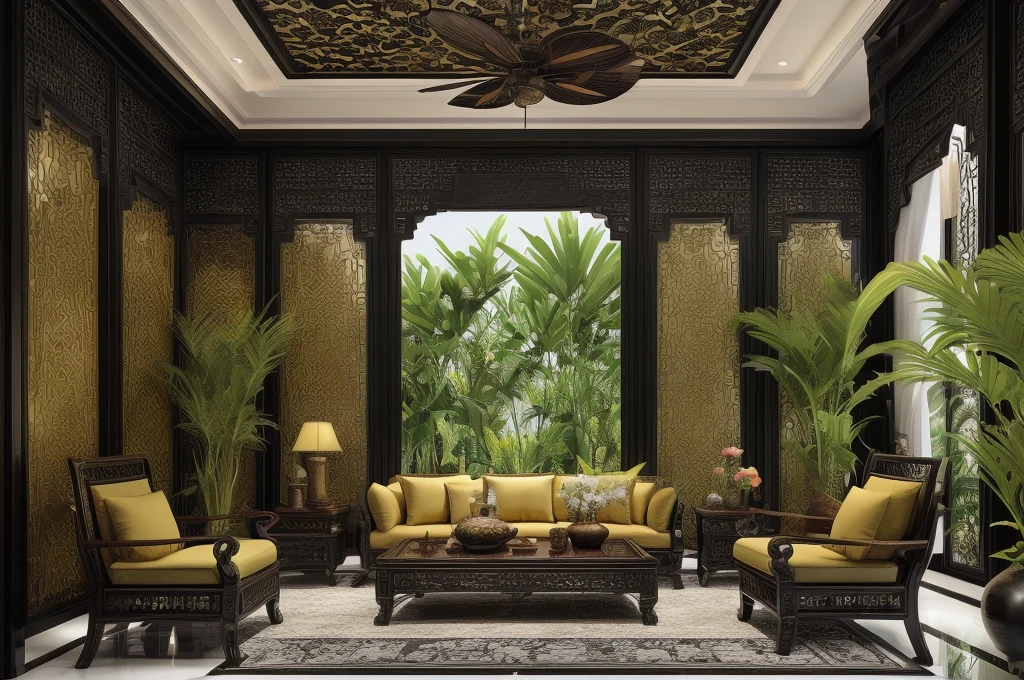 (( masterpiece)) (( ultral realistic)) (( sharp forcus)) (( high detail)) livingroom in indochina style,china , vietnam, black wooden furniture, wallpaper, patent,glossy, ceramic tiles floor,