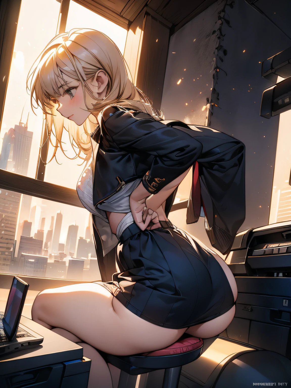 (longshot, looking away, shift off center, draw the face precisely, cinematic perspective), 1woman, (pinch the nipple with her fingertips), (((straddle and place her butt against the corner of copier))), wearing bra and jacket or dress, (underwear is visible through clothes), small breast, (open her legs), skyscraper, plants, (using laptop to work), tight skirt, sticks out her hip, (some monitors),