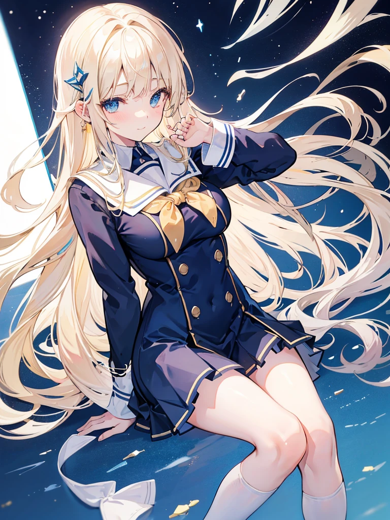 light golden hair,Light crystalline blue eyes,Hair scattered on the shoulders,The hairpin stuck on the right side of the head,Sailor uniform uniform school uniform,Black over-the-knee stockings,Expose your ears,Innocent smile,Girl in good shape,Big breasted girl with raised chest and head