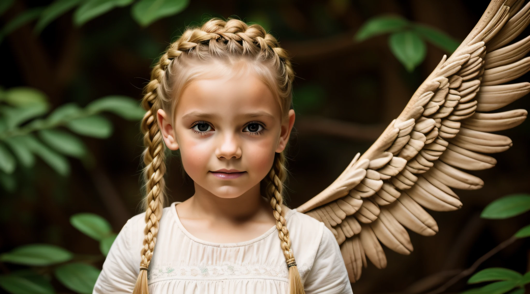 KIDS BLONDIE BRAIDS fotografia (estilo fallenangel:1) uma pintura digital de um (atraente:1) Anjo dourado sentado no meio de uma floresta COM ESPINHOS.