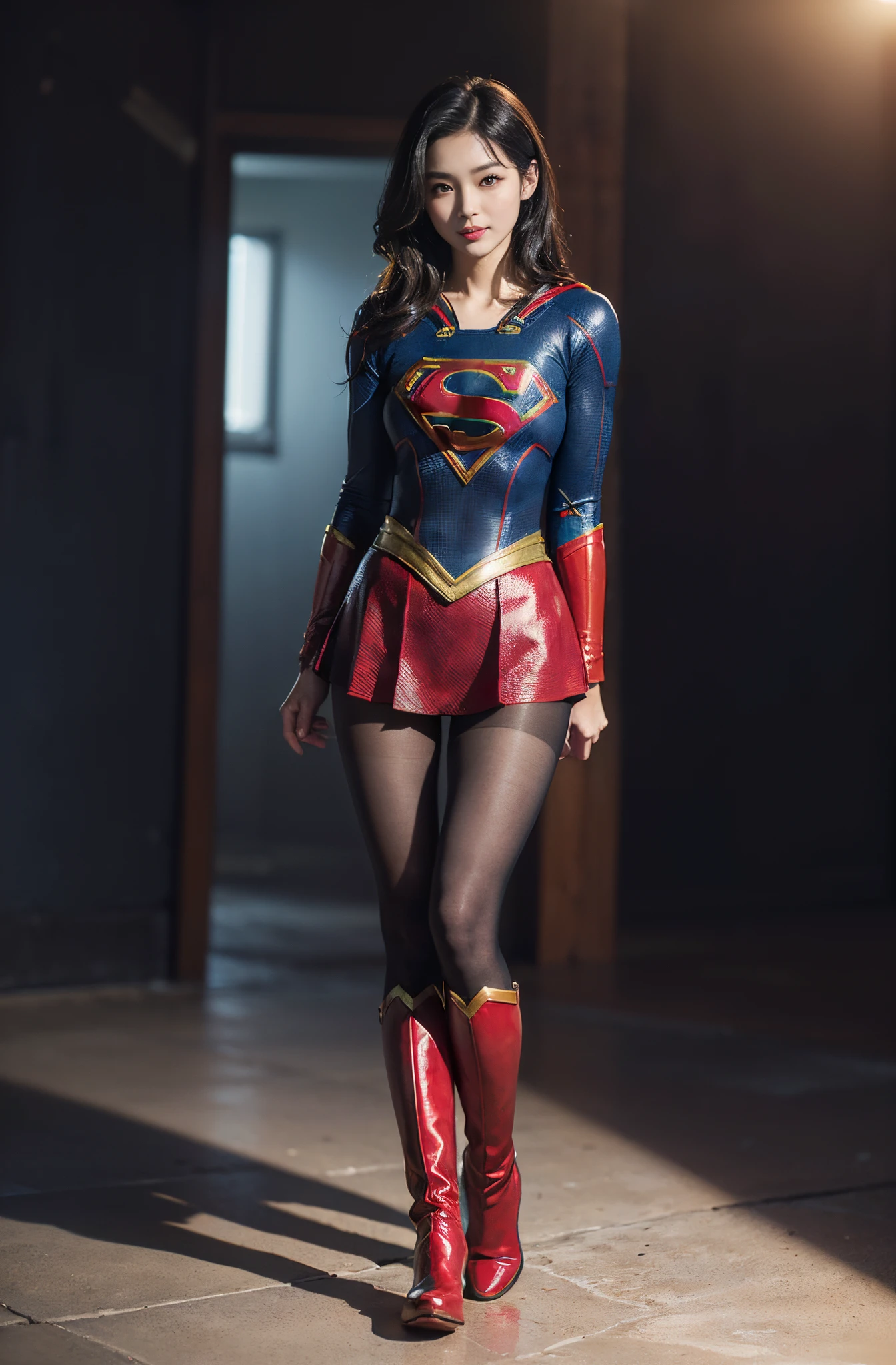 Asian Beautiful Girl、(((Wear black tights on your beautiful legs.)))、(((beauty legs)))、(((facial expression of smile)))、((((Make the most of the original image)))、(((Supergirl Costume)))、(((a short bob、beautiful hairl)))、(((Suffering)))、(((Feet must necessarily be worn with black tights)))、(((You need to wear red boots)))、((Top image quality、8K))、((top-quality、8K、​masterpiece:1.3))、(((Keep your background simple)))、Crisp focus:1.2、Beautiful woman with perfect body shape:1.4、Slender Abs:1.2、a wet body:1.5、Highly detailed facial and skin texture、8K、beauty legs