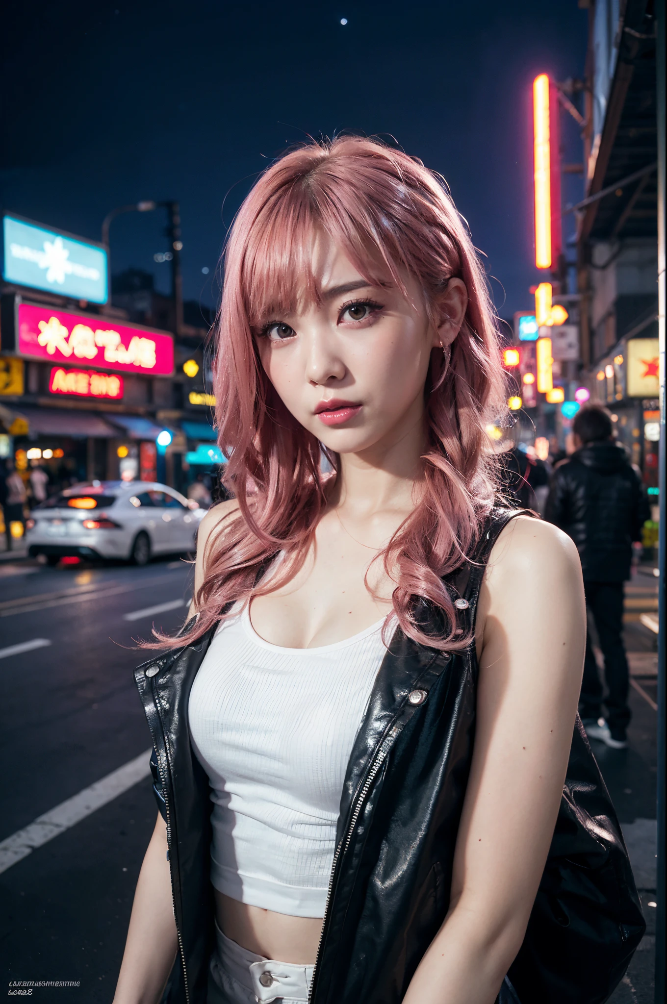 (masutepiece), of the highest quality, Ultra High Resolution, Little Girl, cyberpunk 1 girl, Futuristic cyberpunk city, A pink-haired, poneyTail, Neon Shooting Star, neon light divine, off shoulders, Feather hairpiece, neon color, The Flash, stunning night sky, Cinematic lighting, Realistic, Realistic skin, nffsw, fish eye, Big Tits, Tank tops, parka