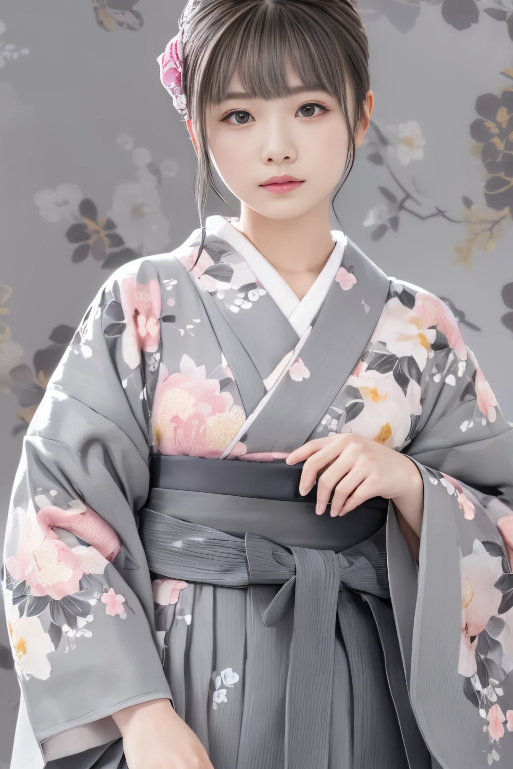 (((gray floral background:1.3)))、Best Quality, masutepiece, High resolution, (((1girl in))), ,(((Eyes are gray:1.3)))、Gray kimono、((beautiful gray kimono)), Tindall Effect, Realistic, Shadow Studio,Ultramarine Lighting, dual-tone lighting, (High Detail Skins: 1.2)、Pale colored lighting、Dark lighting、 Digital SLR, Photo, High resolution, 4K, 8K, Background blur,Fade out beautifully、gray flower world