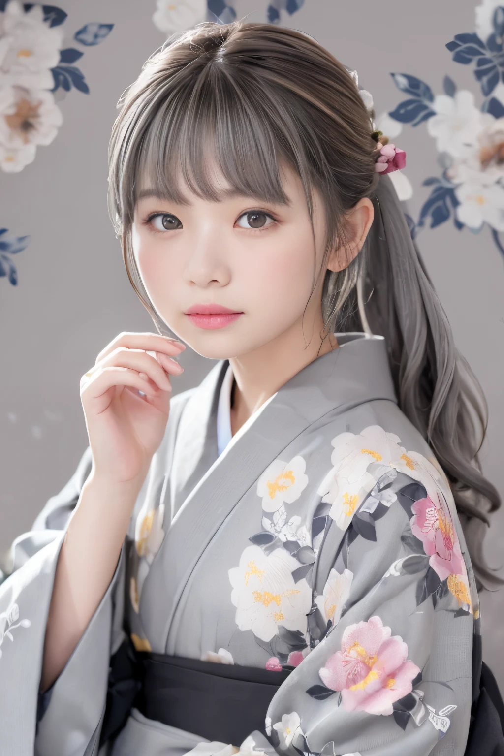 (((gray floral background:1.3)))、Best Quality, masutepiece, High resolution, (((1girl in))), ,(((Eyes are gray:1.3)))、Gray kimono、((beautiful gray kimono)), Tindall Effect, Realistic, Shadow Studio,Ultramarine Lighting, dual-tone lighting, (High Detail Skins: 1.2)、Pale colored lighting、Dark lighting、 Digital SLR, Photo, High resolution, 4K, 8K, Background blur,Fade out beautifully、gray flower world