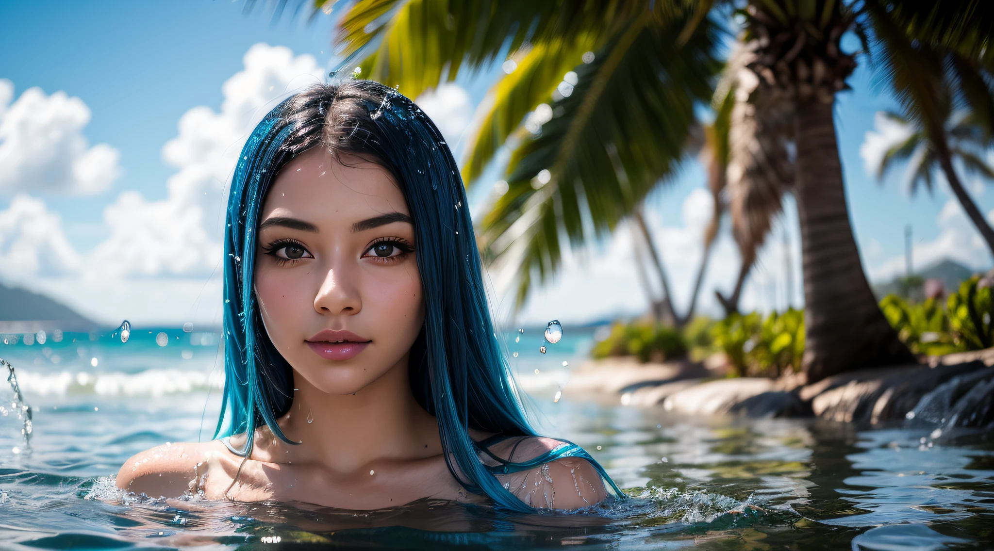 Beautiful young girl,close face, long blue hair, girl, behind splashes of water, palm trees, bright sun, clear skin details, clear focus, best quality 8K, 5D,