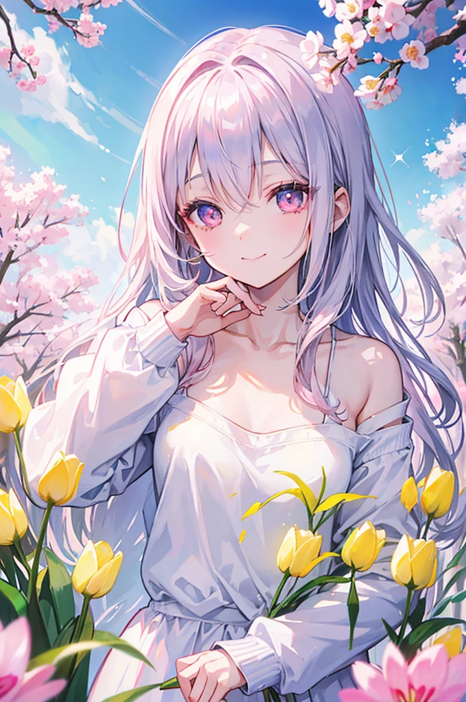 30 year old wearing white sweatshirt、silber hair、((pink sparkling eyes))、Smile a lot、blue-sky、Basking in the morning sun、Beautiful face with attention to detail、yellow tulip、Show the collarbone、Kamimei、cherry trees、Put your hand on your face、