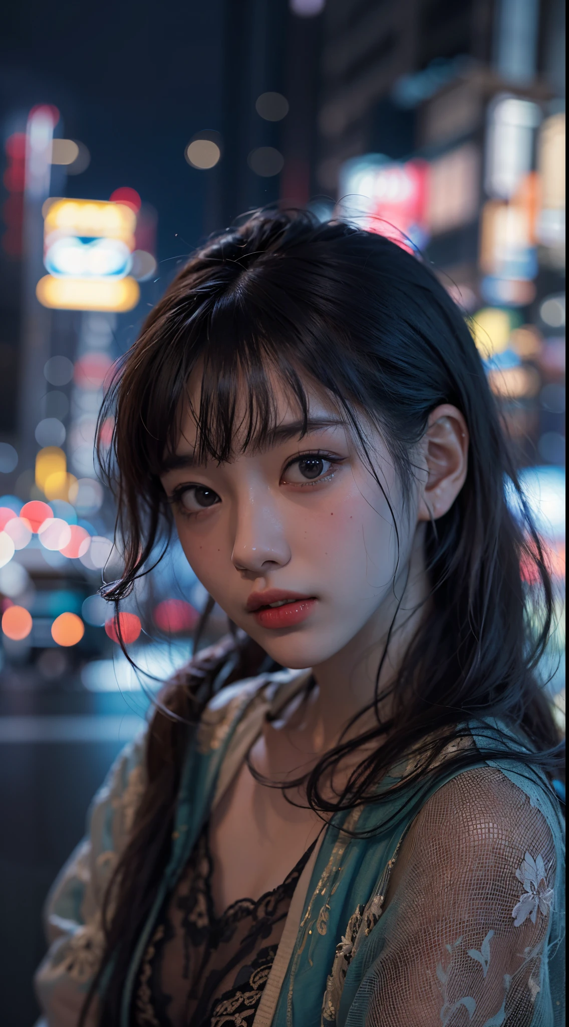 1girl, Tokyo street,night, cityscape,city lights, upper body,close-up, 8k, RAW photo, best quality, masterpiece,realistic, photo-realistic,