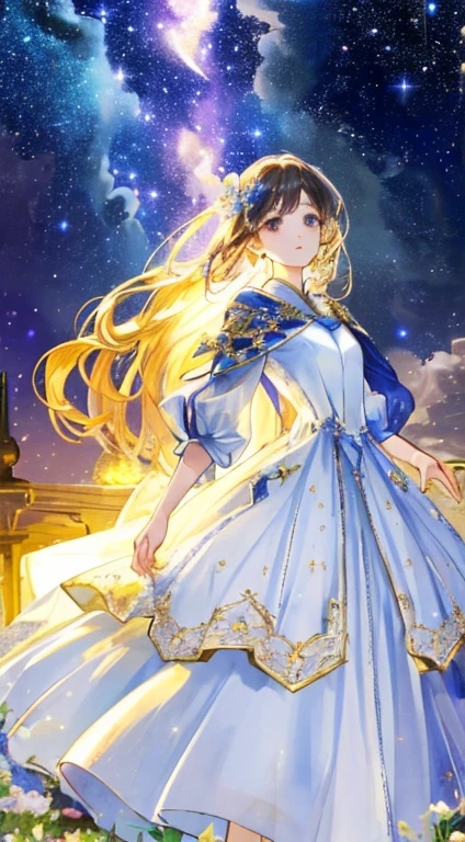 (top-quality, masterpiece, hight resolution), ((Fantastical))、There is a dress on a mannequin stand with light、(美丽的面容)、Beautiful hair、Starry sky adorns hair, Stars in the eyes, translucent dress, white royal dress, Elegant white dress, fantasy dress, Elegant dress, magical dress, romantic dress, intricate fantasy dress, with shining flowers、meteors, Stars, milkyway, Starcloud, embroidery, Backlight、amazing splash、 Luminous,