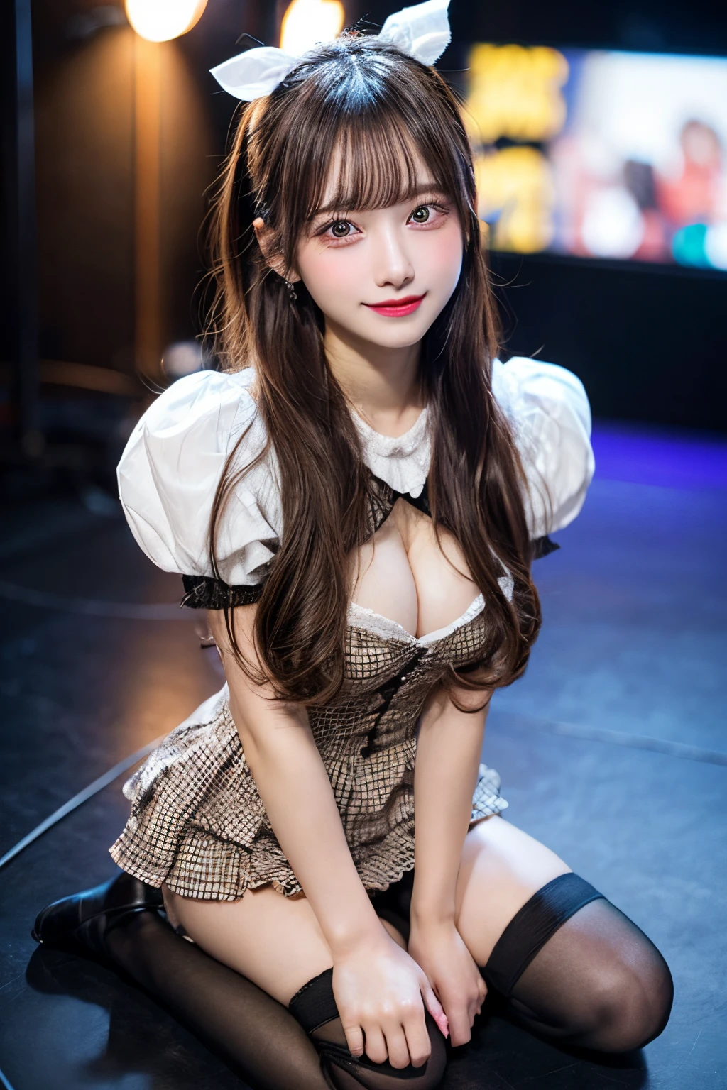 full body Esbian,Many piercings,bangss,top-quality,ultra-detailliert,​masterpiece,realisitic,Photo Real,Bright lighting,1 girl in, (kawaii:1.2),Thin smile, (Brown eyes),(bangss),perfect glossy skin,flawless skin,large full breasts,((accurate hands without incongruity)), big breasts thin waist, Look at viewers,full body Esbian,Idol Costumes,dress with ruffles,knee high socks,stage,illuminating,Eye lashes,dual,17 years old girl,a baby face,Straight hair,