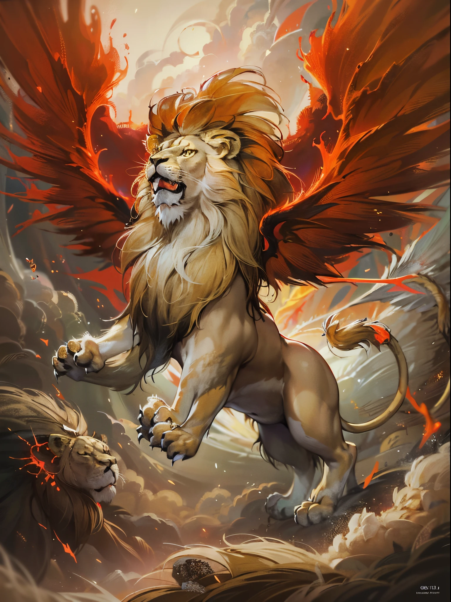 ((Finest quality)),(超A high resolution),(ultra-detailliert),(Meticulous portrayal),((best pictures)),(Finest works of art),Ultra-Precision Art,The art of astounding depiction,Finely detailed fantasy art:1.5, ((lion with big wings:1.5)),tosen:1.7, red burning cloud:1.3,wind blowing backwards:1.3, Rin々Right:1.5