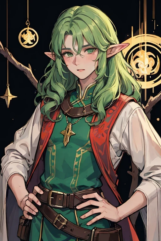 Character 1:
容姿:Elven guy. He's tall, with a graceful figure and proportional facial features. He has light green eyes, glowing with magical energy. Hair dark green, long and slightly curly. Has healthy pale skin with a subtle pink blush..
name: Elarion Clothing style: He wears light green clothes, soft elven cloth. It is carved with patterns and magical symbols.., indicating his role as a healer. On his belt hangs a small leather pouch containing healing potions and healing tools....