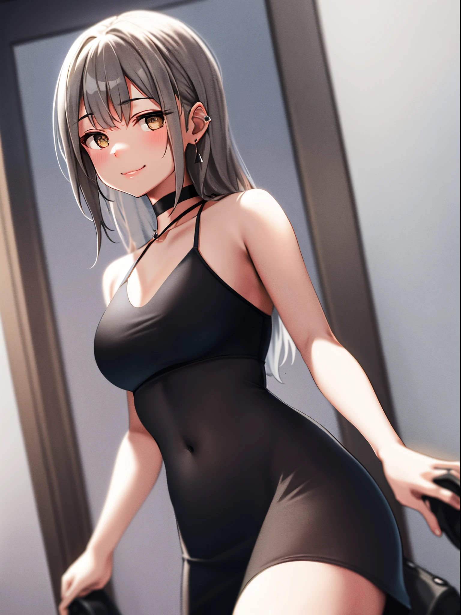 same， girl， Take a step back， exposed bare shoulders， 黑The eye， dark circles， Brown hair， ear nipple ring， jewely， Open your lips， Long gray hair， looking at viewert， back to look back， choker necklace， cropped shoulders， The lips are slightly open， sporty attire， day， depth of fields， 独奏， （（tmasterpiece））（（You may be a one-man world，But you can also be international，paradox，Adrian Genius，jenny saville，edward hopper，（RAW photogr，Best quality）（an artistic girl：1.2）（フォトリアリスティック，Live photos：1.3），Extremely Delicately Beautiful， tmasterpiece，hyper-detailing，A high resolution，Best Best Illustration，复杂，depth of fields，1 plump girl，（long leges：1.4），Long gray hair，messy  hair，（（gentlesoftlighting：1.4））），（pale-skinned：1.4），（Smile shyly），（Movie Angle），lock focus，volume fog，8k ultra high definition，digital SLR camera，high high quality，（filmgrain：1.4），富士XT3，（looking at viewert）