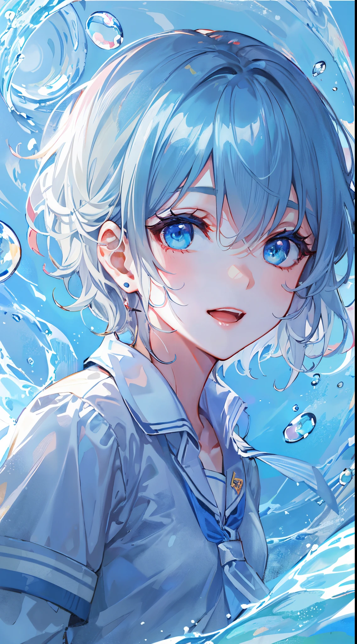 ((top-quality)), ((masterpiece)), ((ultra-detailliert)), (Extremely delicate and beautiful), girl with, 独奏, full body Esbian、cold attitude,((Black jacket)),She is very(relax)with the(Settled down)Looks, depth of fields,Evil smile,Bubble, under the water, Air bubble,bright light blue eyes,inner color with bright gray hair and light blue tips,,,,Cold background,Shorthair、bobhair、linear art, shortpants、knee high socks、White uniform like school uniform、((female high-school student)),Light blue ribbon ties、Clothes are sheer、Hands in pockets、Bright eyes like sapphire,Fronllesse Blue, A small blue light was floating、fantastic eyes, Looking from above、looking down at the person watching