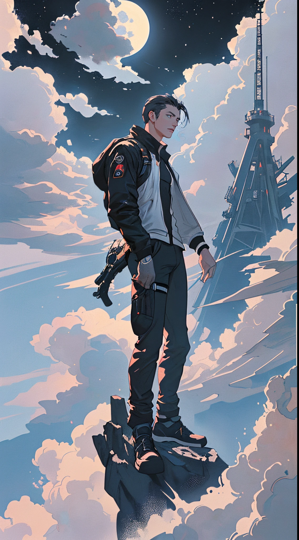 ((Top  Quality)), ((​masterpiece)), (Detailing), The cyberpunk, A man full of masculine beauty, contemporary, daoshi,dark sky, Moonlit night, soft colors, (Detailed Cloudscape:1.3), (high resolucion:1.2)