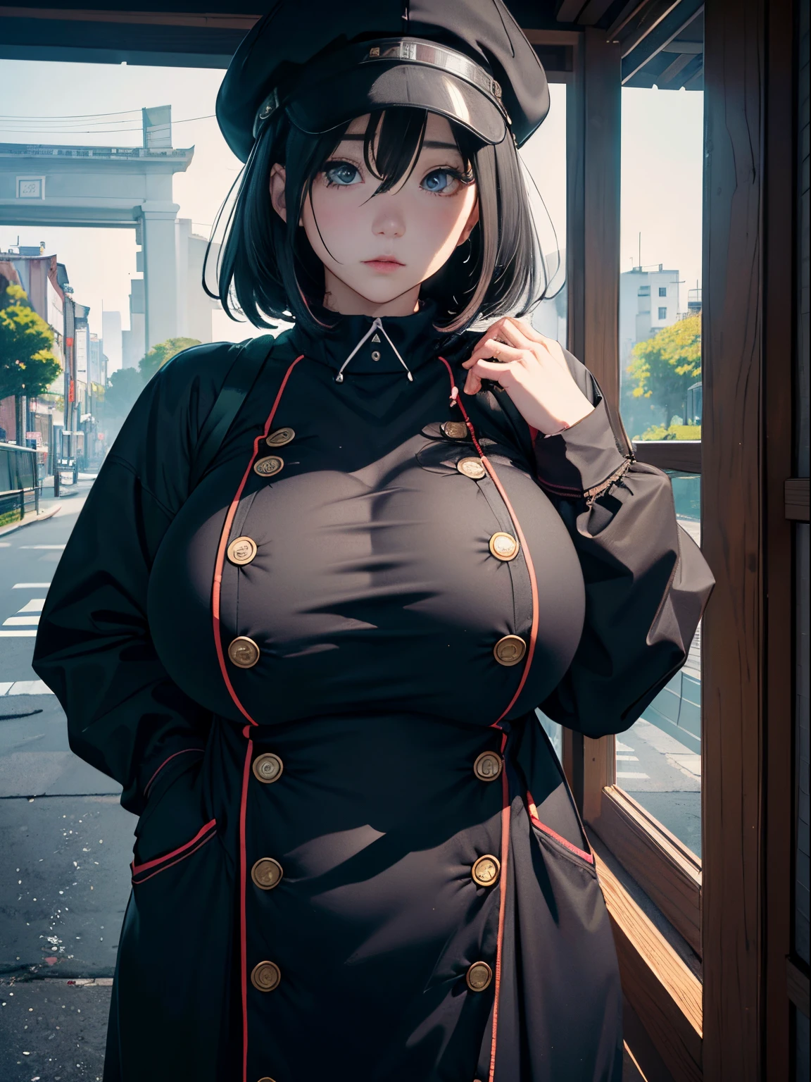 a 20 yo woman、(masterpiece:1.4)、(in 8K、realisitic、Raw photo、top-quality:1.4)、(Real Face:1.4)、(real looking skin:1.3)、超A high resolution、Black eyes、black hair shorthair、caps、parka、JINS、Street fashion、(huge-breasted:1.5)、Blushing、alluring face、perplexed look、ruins、house