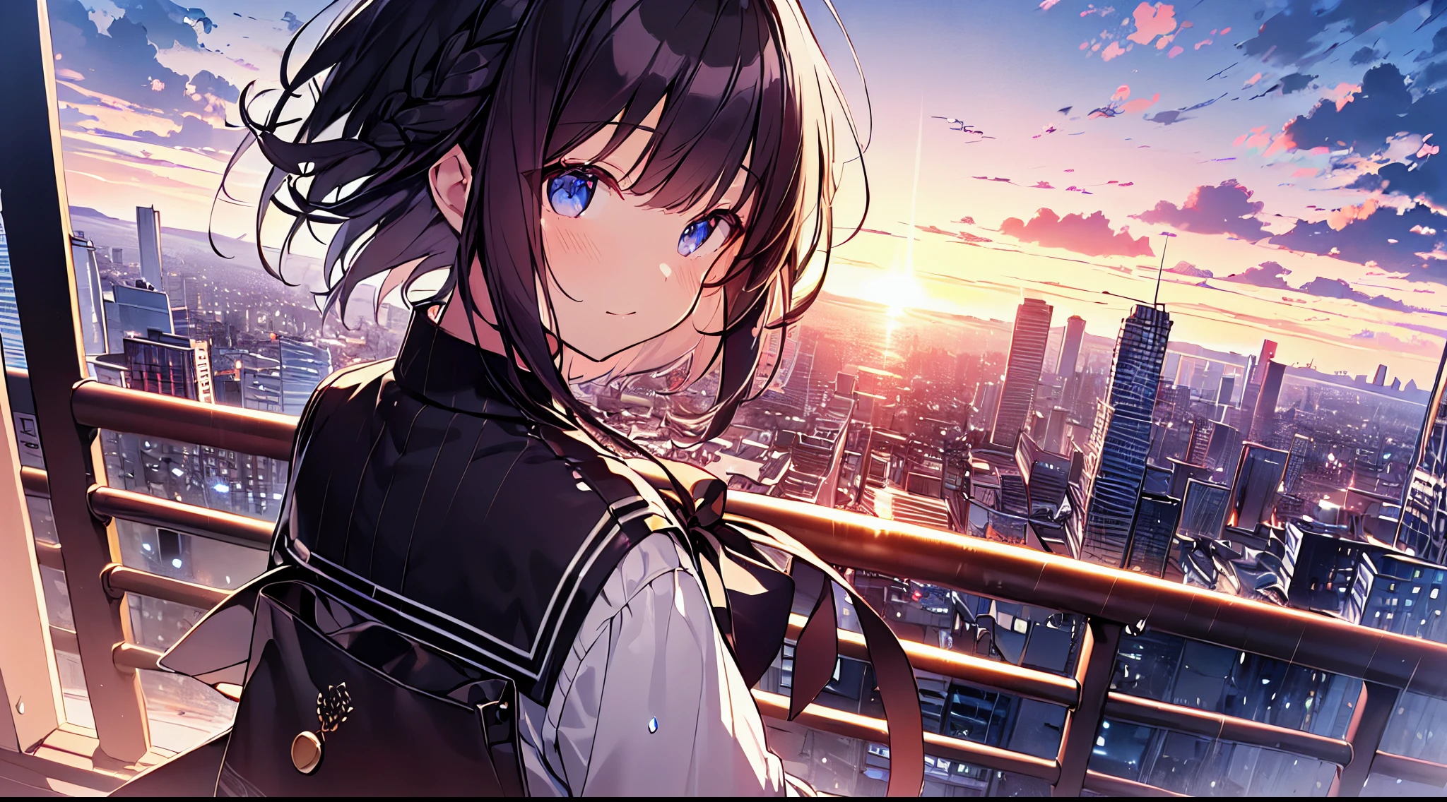 masutepiece, Best Quality,Illustration, Wallpaper, Ultra Detail, absurderes, 1girl in, Solo, (Medium short hair、short braided hair), Beautiful detailed eyes, after rain , (Street:1.3), Sunset sky after rain、Hair that flutters in the wind,(a panoramic view:1.3),(Sense of depth:1.5),(longshot:1.3)、early evening、(Sunset sky)
