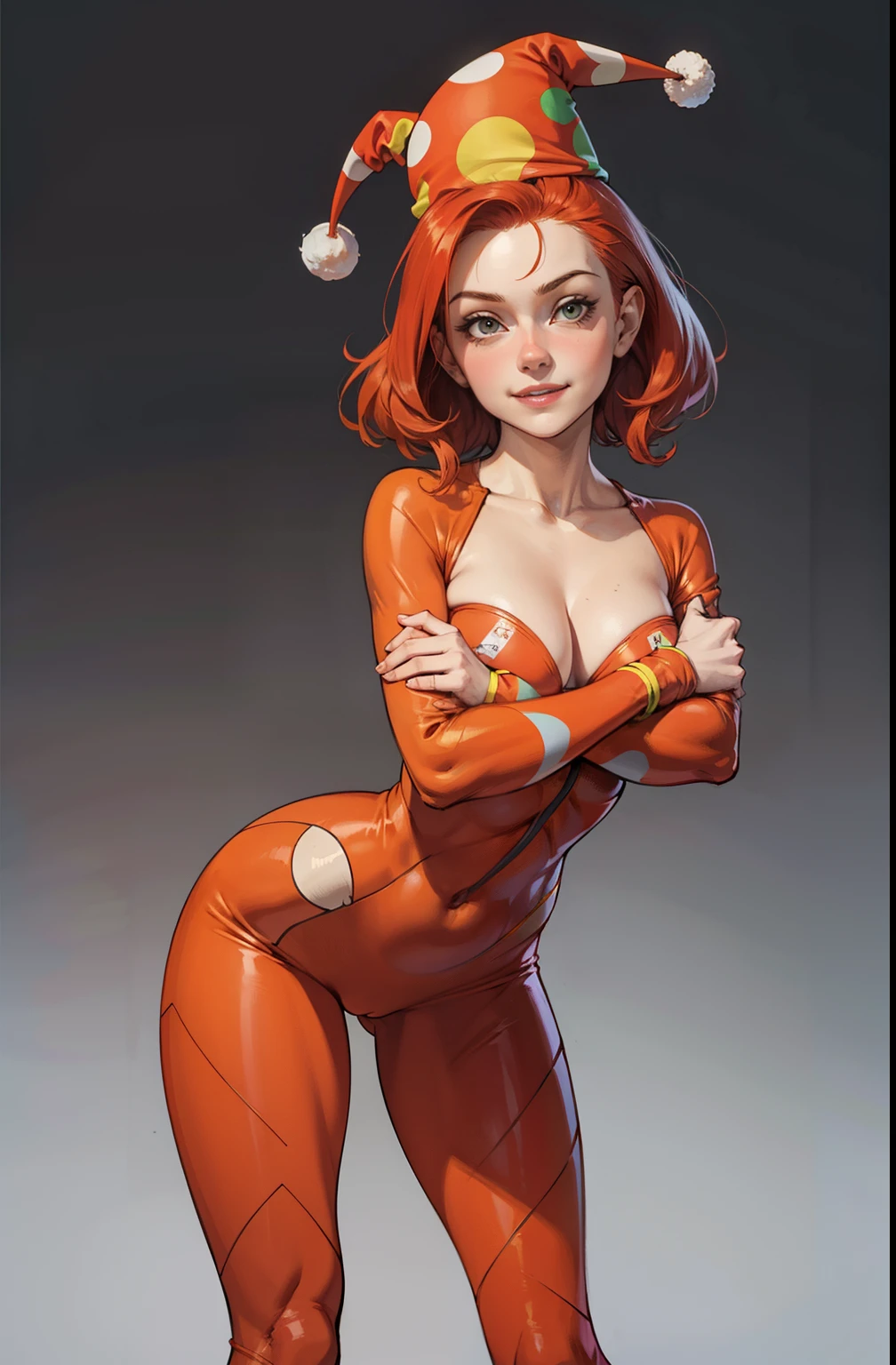 one tiny redhead girl, stand up, smille, happy, sexy, clown suit , clown hat, maquiagem, covering her breasts, Lips are soft or colored, ruiva, cabelo ruivo, clown suit, fundo simples, sexy, erotic, mushoom, stand up, folded arms, postura ereta, provocante, surprised facial expression, simple lighting and texture, begie background, feet