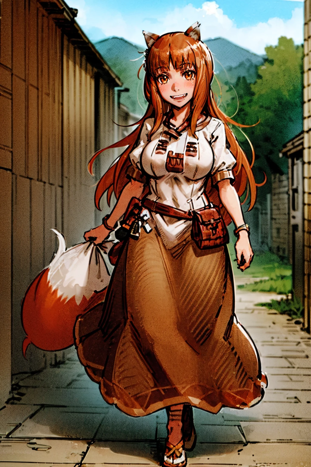 (holo:1.5), (holoBrownDress:1.5), masterpiece, best quality, absurdres, 1girl, looking at viewer, standing, cowboy shot, outdoors, medieval, cobblestone street, town, pouch, sash, smile, fruit, apple, basket,huge breast, curvy, silver hair, white hair, full body, flipflops,, smiling open mouth, fengs, teeth