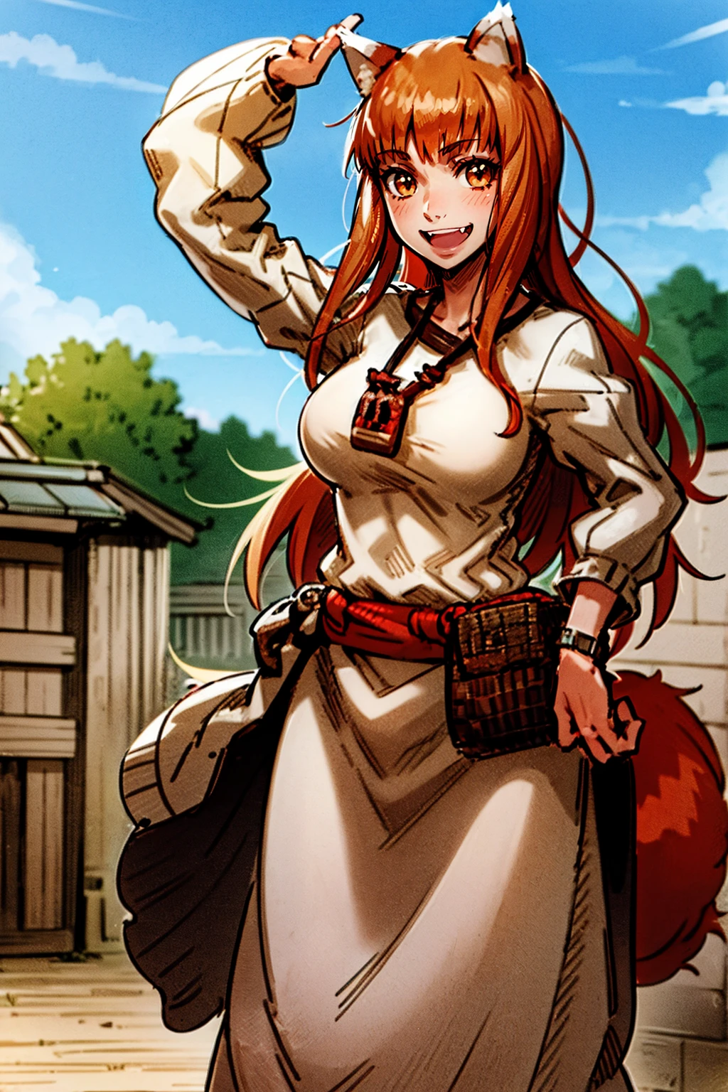 (holo:1.5), (holoBrownDress:1.5), masterpiece, best quality, absurdres, 1girl, looking at viewer, standing, cowboy shot, outdoors, medieval, cobblestone street, town, pouch, sash, smile, fruit, apple, basket,huge breast, curvy, silver hair, white hair, full body, flipflops,, smiling open mouth, fengs, teeth