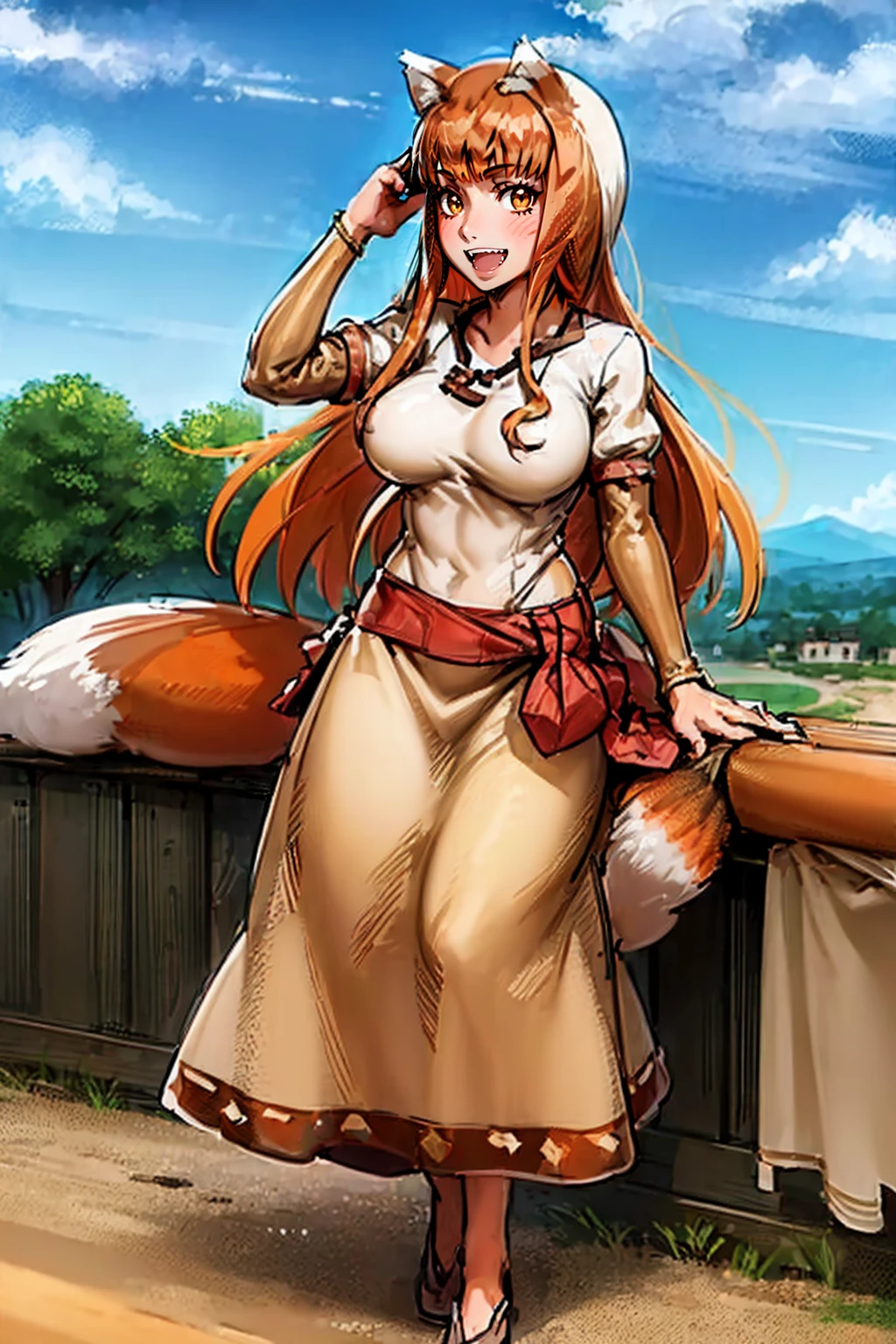 (holo:1.5), (holoBrownDress:1.5), masterpiece, best quality, absurdres, 1girl, looking at viewer, standing, cowboy shot, outdoors, medieval, cobblestone street, town, pouch, sash, smile, fruit, apple, basket,huge breast, curvy