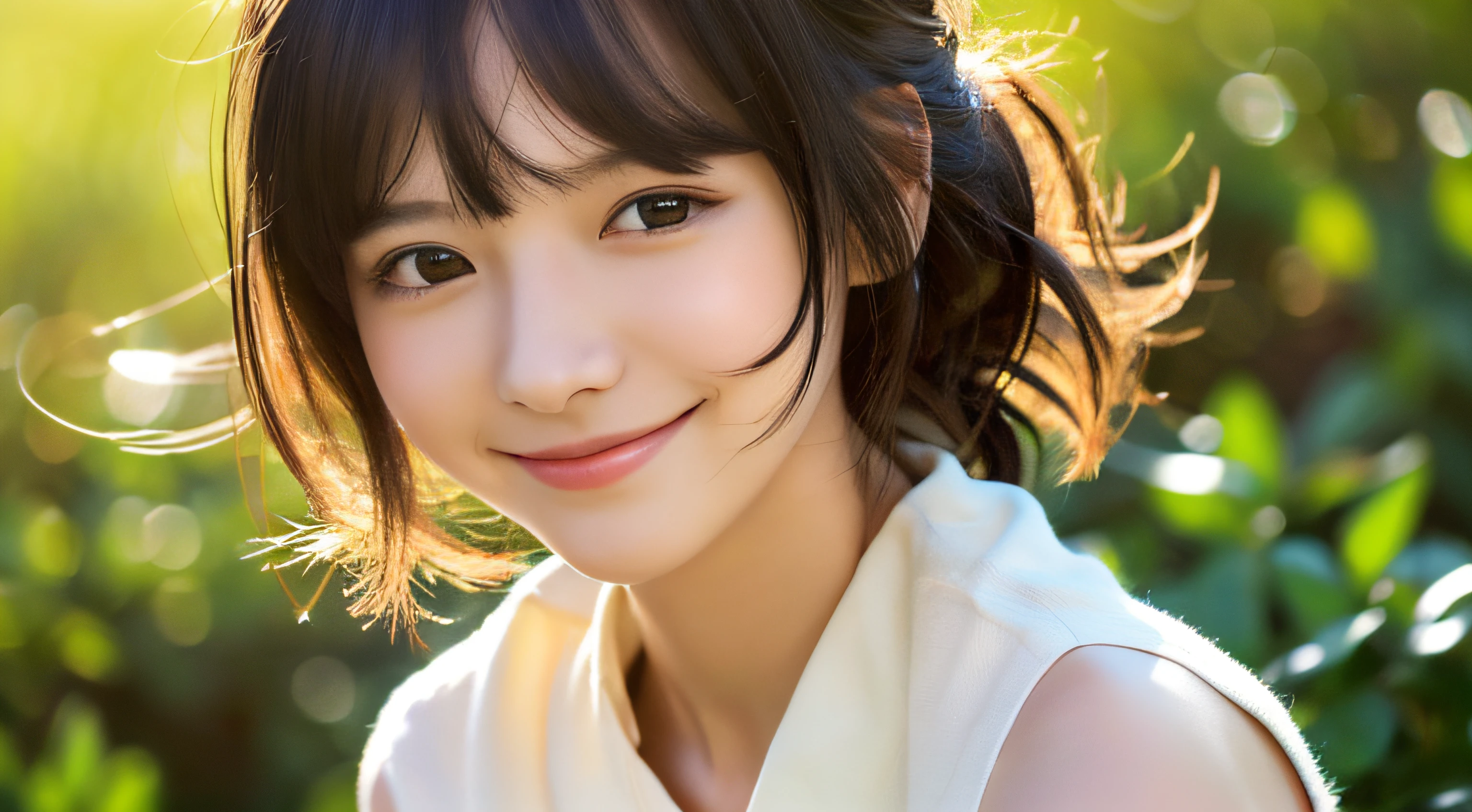 (masutepiece), (Best Quality), (Super Detail), (disheveled hair), (Illustration), (1 girl), (interview), (Brief background), Beautiful detailed eyes, Delicate beautiful face, floating, (High color saturation), (shine), Focus on Face, Black hair, Bangs, Full smile, Floating hair. girl, Maiden in Love, pixiv illustration, of the highest quality, super detailed, Smile, clever, Beautiful face, 4K, Nature, The tree々Sunlight coming in from between,