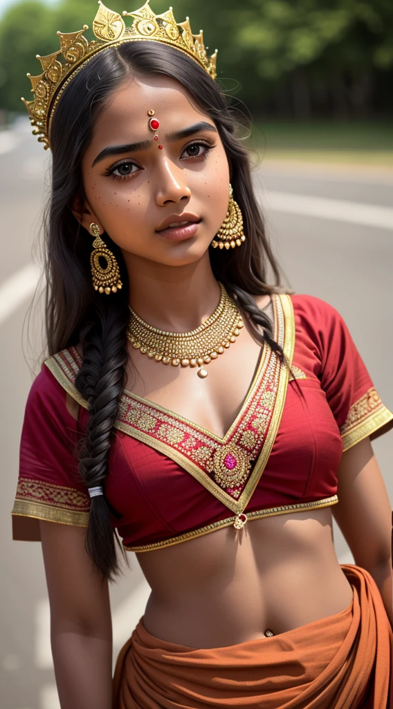 young Indian girl, 18-year-old,  gentle sun lighting on face , village mood , old cloths about to get ripped , village girl vibe, intricate facial details, full body picture, wears crown, necklace and jewels, cinimatic pose flawless complexion, top-notch 3D rendering, hyper-realistic, shot on Indian road. photorealistic digital art trending on Artstation 8k HD high definition detailed realistic, detailed, skin texture, hyper detailed, realistic skin texture, armature, best quality, ultra high res, (photorealistic:1.4),, high resolution, detailed, raw photo, 400 camera f1.6 lens rich colors hyper realistic lifelike texture dramatic lighting unrealengine trending on artstation cinestill 800