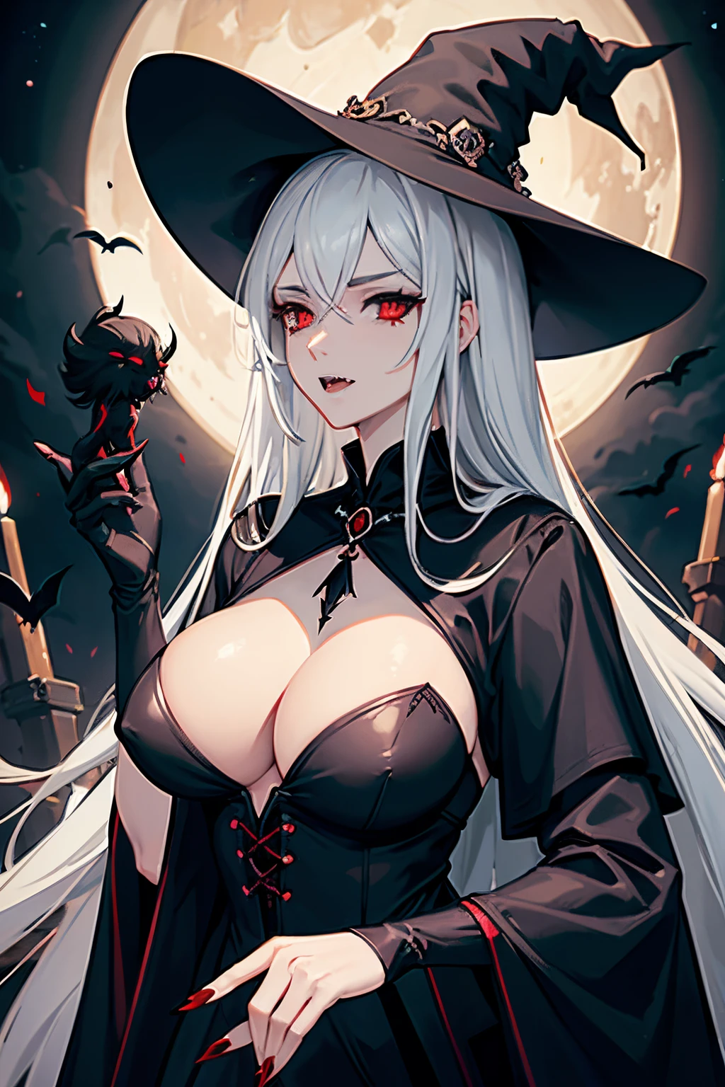 1Woman, mature, milf, tall, witch costume, Long white hair, witch hat, black ocular sclera with red iris and sharp teeth like fangs, long black dress, big breasts (torn), Night, moon, Dark living room