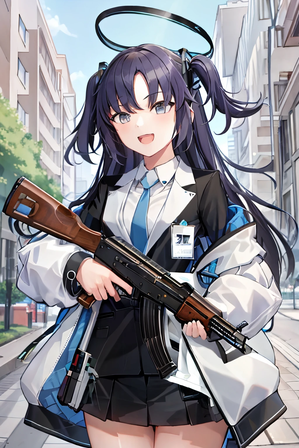 masterpiece, best quality, ultra-detailed, 1girl, yuuka, default, white jacket, black jacket, standing, , miniskirt, smile, open mouth, halo, outdoor, streets, holding gun, ak-47, akm, assault rifle, kalashnikov rifle, (aiming:1.2), finger on trigger,