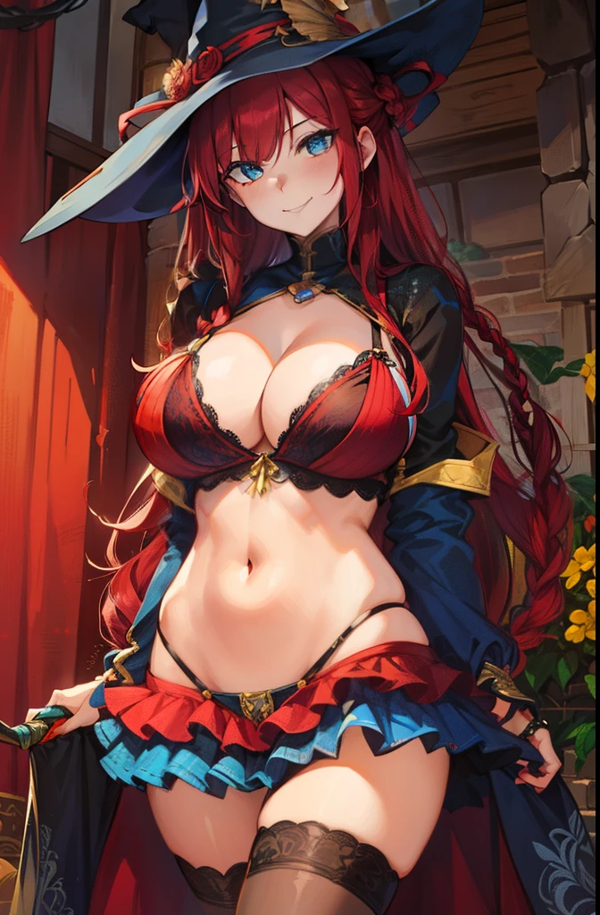 Red hair, plaits, cute, big tits, , blue yellow eyes, smirk, witchy, standing