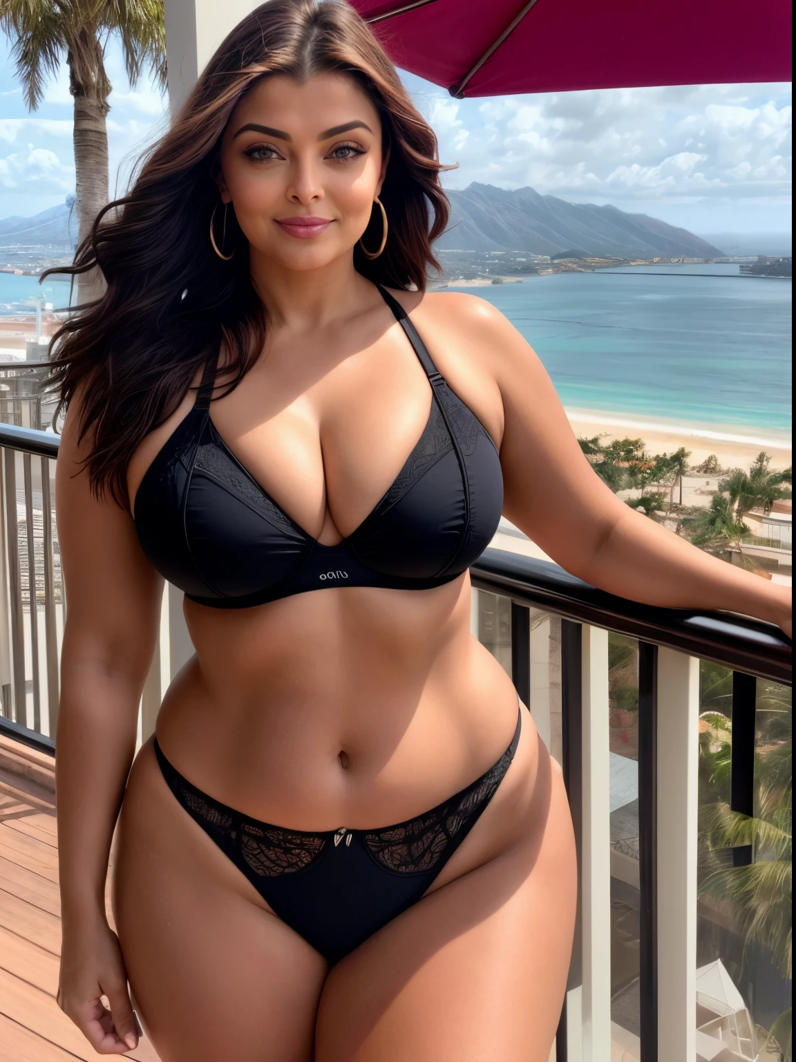 50 year old curvy athletic milf Aishwarya Rai, rabo de cavalo cabelo amarrado, lingerie de renda preta, salto alto, parte superior nua do corpo, erotic modeling, seios nus surgindo, posing on the terrace of the skyscraper , dia ensolarado brilhante, rosto sedutor, Look at a camera and smile, erotic adult face, soft volumetric lights, detalhes intrincados, (art-station:1.2)