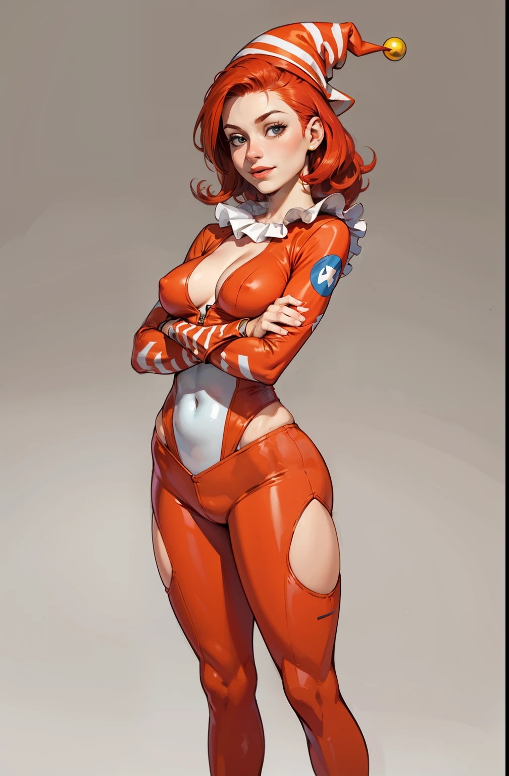 one tiny redhead girl, stand up, smille, happy, sexy, clown suit , clown hat, clown shorts, maquiagem, covering her breasts, Lips are soft or colored, ruiva, cabelo ruivo, clown suit, fundo simples, sexy, erotic, mushoom, stand up, folded arms, postura ereta, provocante, surprised facial expression, simple lighting and texture, begie background, feet, Pomni