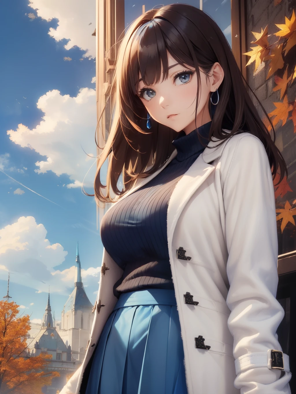 Best Quality, masutepiece, beautiful mature women、Beautiful face、Strong-minded woman、Undersized breasts、Officelady、(long blue skirt、long court、long-sleeve、Autumn outfit:1.5)、(brown haired、Bangs are asymmetrical)、(Brown-eyed)、Longhaire、Undersized eyes、(((white longcoat:1.5)))、BREAK((big blue sky landscape:1.5))、(poseing)