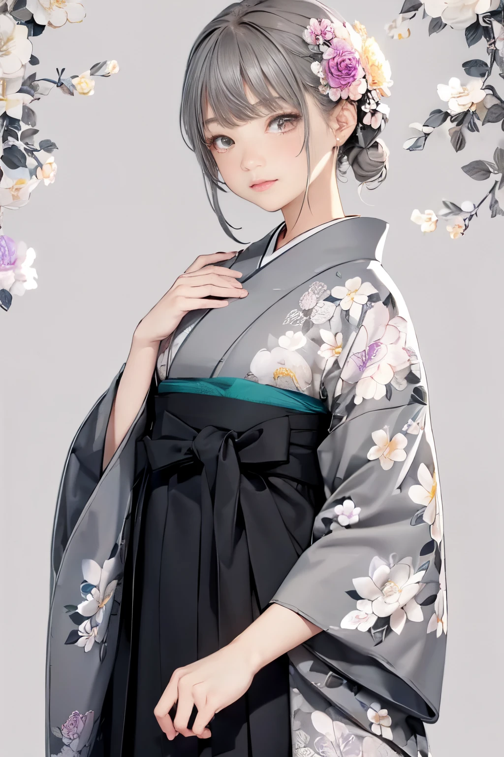 (((gray floral background:1.3)))、Best Quality, masutepiece, High resolution, (((1girl in))), ,(((Eyes are gray:1.3)))、Gray kimono、((beautiful gray kimono)), Tindall Effect, Realistic, Shadow Studio,Ultramarine Lighting, dual-tone lighting, (High Detail Skins: 1.2)、Pale colored lighting、Dark lighting、 Digital SLR, Photo, High resolution, 4K, 8K, Background blur,Fade out beautifully、gray flower world