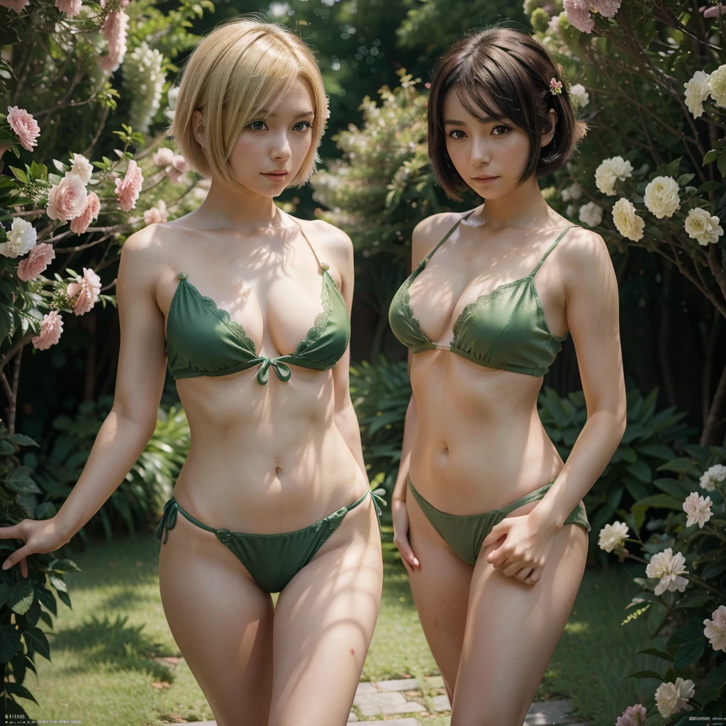 An anime girl with short blonde hair and dark green with a graceful figure, beautiful anime portrait, anime style 8K, beautiful anime girl, anime art wallpaper 8 K, beautiful anime artwork, flowers around her, super delicate, in line with common sense, sexy pose