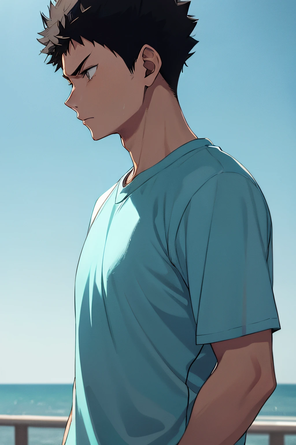 1man, 20 year old man, iwaizumi, black hair, short hair, side profile, silhouette, aqua blue focus, sportswear, sentimental feeling, blue sky, ((aqua blue)), scenery, detailed background, cinematic lighitng, shapr focus, depth of field