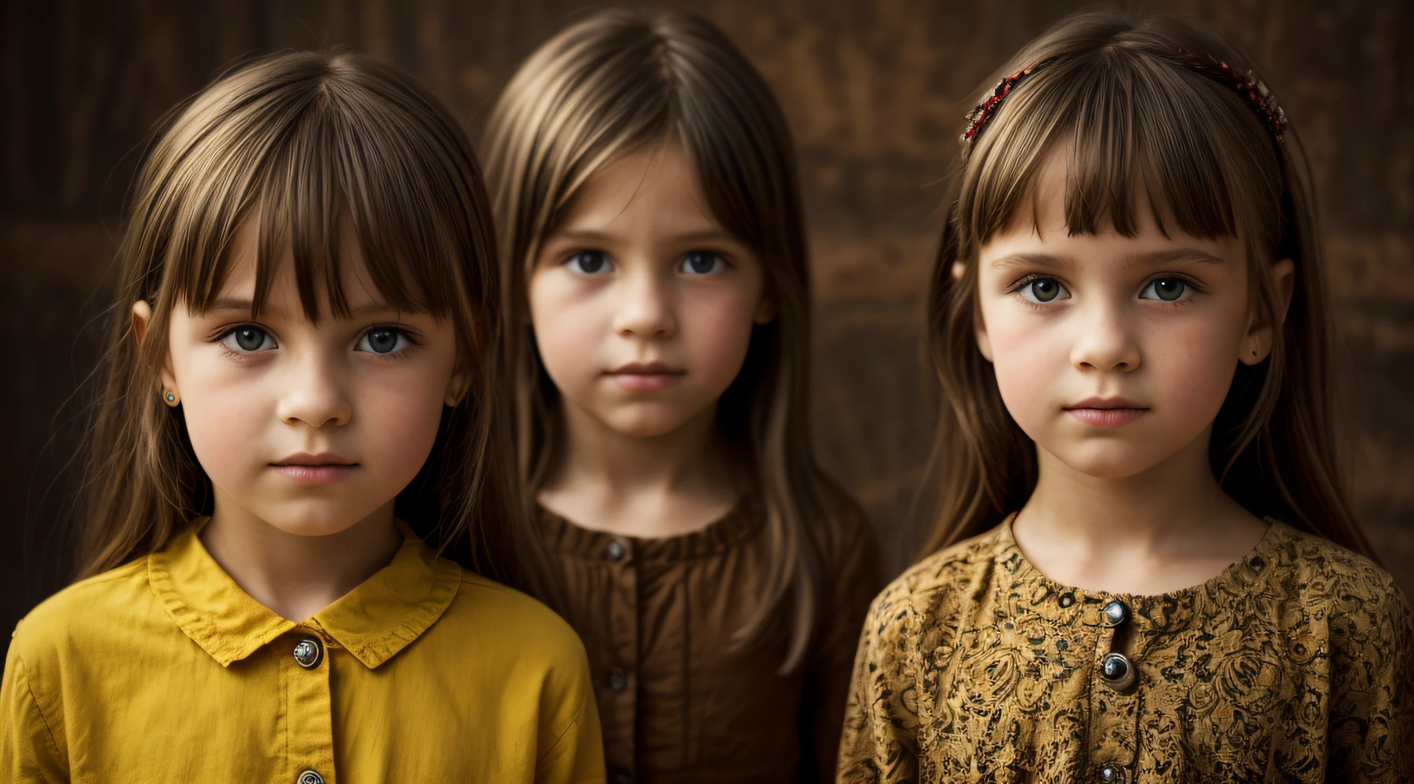 GIRLS Russian children aged 10 years, loiro cabelos compridos, retrato, JAQUETA PRETA E ROUPA PRETA, fundo amarelo.